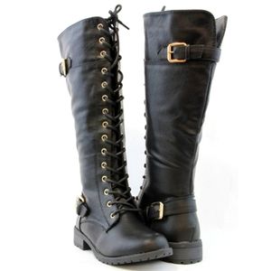 Women Knee High Lace Up Combat Boots Golden Buckle